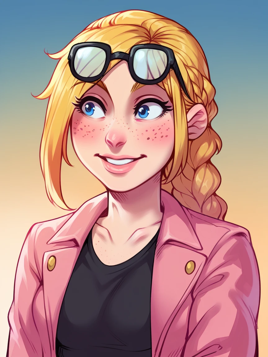 core_9, score_8_up, score_7_up, score_6_up, score_5_up, score_4_up, 1girl, curvy, looking to the horizon, sunset, EmilyA, Blonde Hair, Freckles, Blue Eyes, Braid, Pink Jacket, black shirt, eyewear on head, happy, <lora:EmilyA-05 (1):0.8>,  <lora:djc0mpsXLP:1> djc0mps