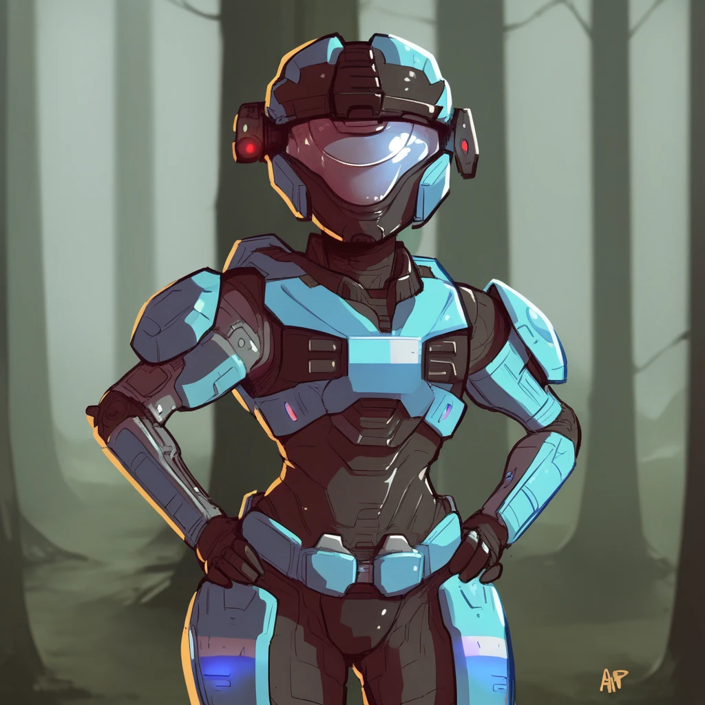 score_9_up, score_8_up, BREAK, kat-b320, 1girl, solo, helmet, blue armor, cowboy shot, looking at viewer,  <lora:Kat-b320_HaloReach_PXL_Leaf2:1>, outdoors, front view, forest, hands on own hips,