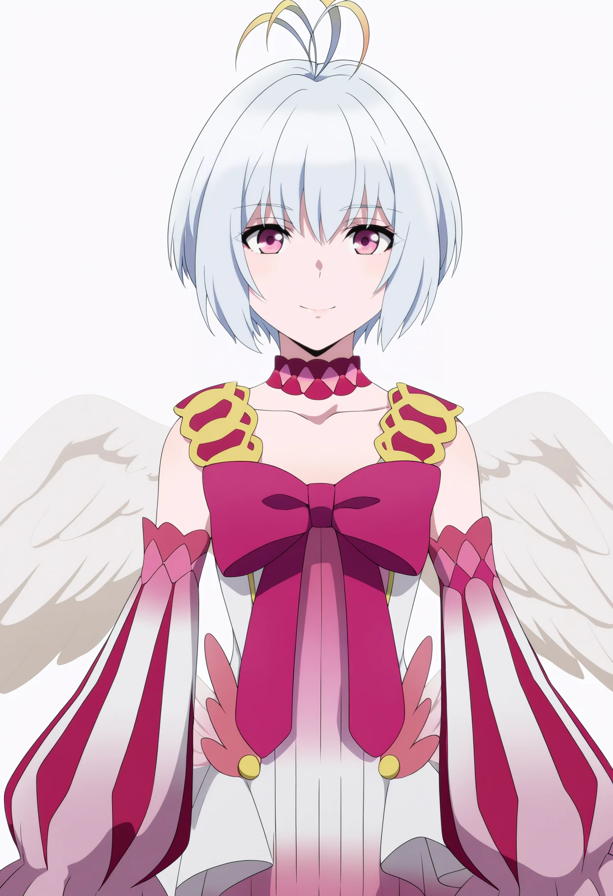 masterpiece, best quality, very aesthetic, absurdres,
1girl, fitoria, white hair, pink eyes, short hair, antenna hair,
bow, choker, detached sleeves, dress, angel wings,
upper body, smile, looking at viewer, solo, (simple background, white background:1.3)   <lora:FitoriaIllustriousXL_byKonan:1>