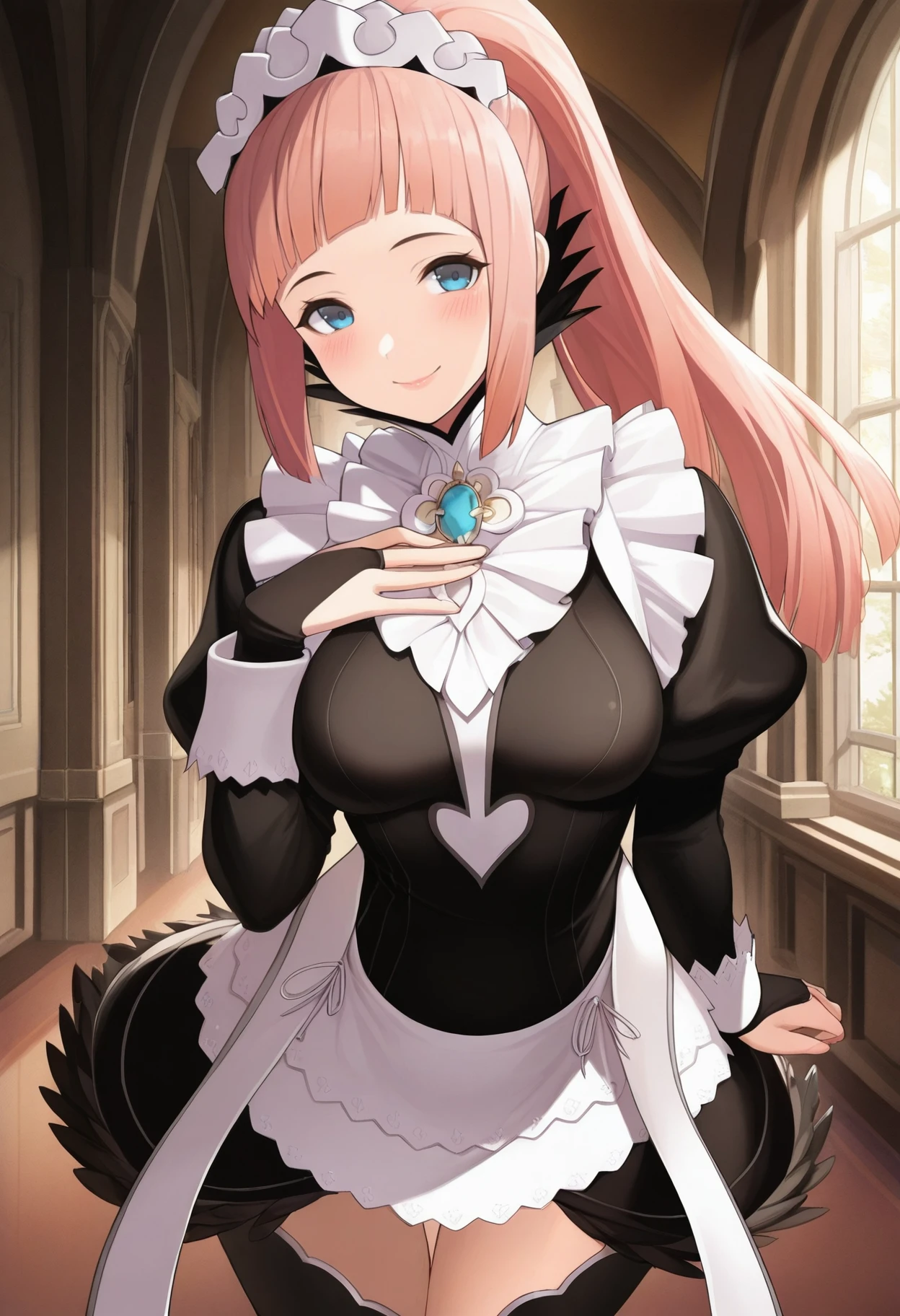 masterpiece, best quality, 1girl, solo, lips, <lora:felicia-fe-richy-v1_ixl:1> f1cdf, blue eyes, pink hair, blunt bangs, long hair, sidelocks, ponytail, maid headdress, black feathered collar, blue brooch, medium breasts, maid, juliet sleeves, maid apron, bridal gauntlets, black thighhighs, zettai ryouiki, standing, looking at viewer, smile, closed mouth, blush, indoors, mansion, thigh gap, hand on own chest,