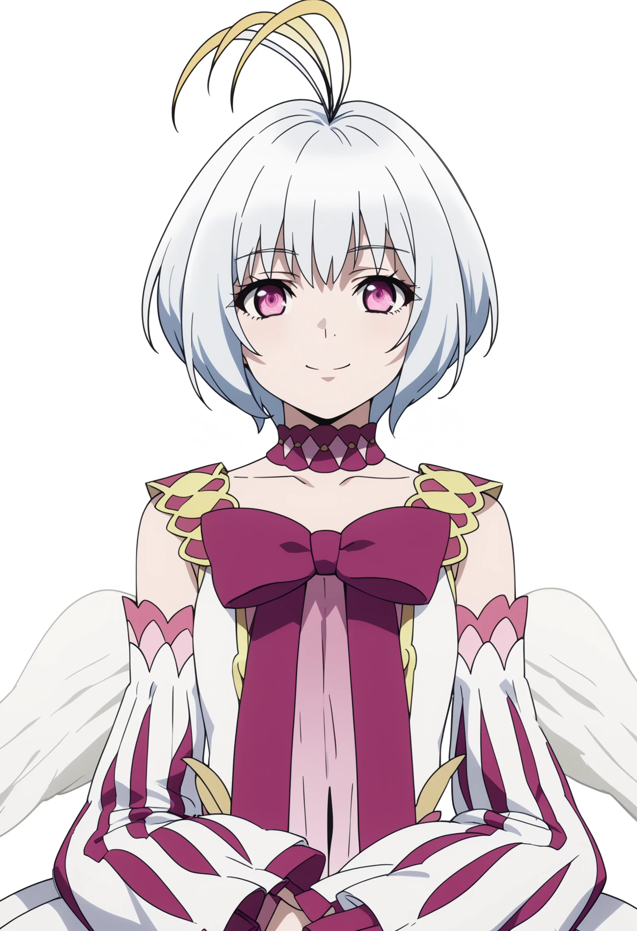 score_9, score_8_up, score_7_up, anime screencap, BREAK
1girl, fitoria, white hair, pink eyes, short hair, antenna hair,
bow, choker, detached sleeves, dress, angel wings,
upper body, smile, looking at viewer, solo, (simple background, white background:1.3)    <lora:FitoriaPDXL_byKonan:1>