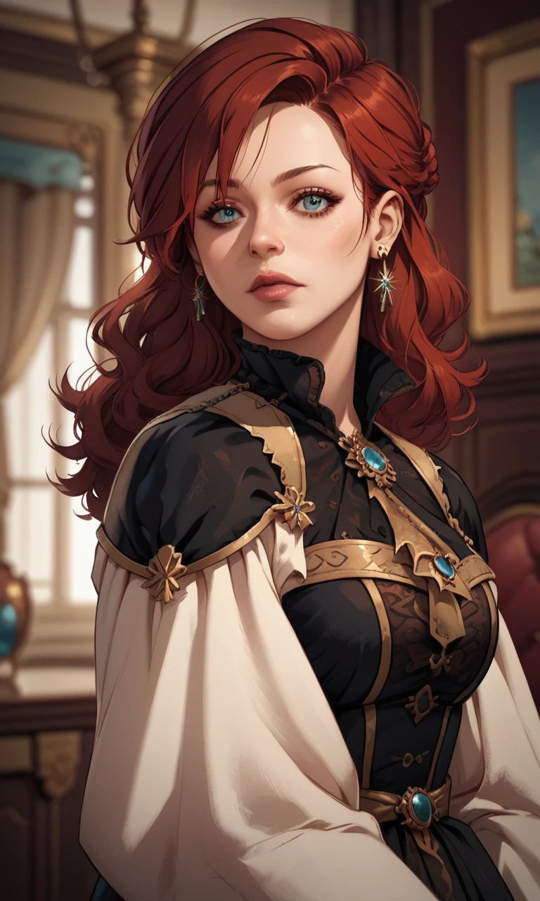 score_9,  score_7_up,1girl,solo,4lise,a woman with red hair earing black dress,black sleeves,(green eyes:0.2),close-up,spacious hall,antique furniture, (<lora:4lise5:1>:1.2)