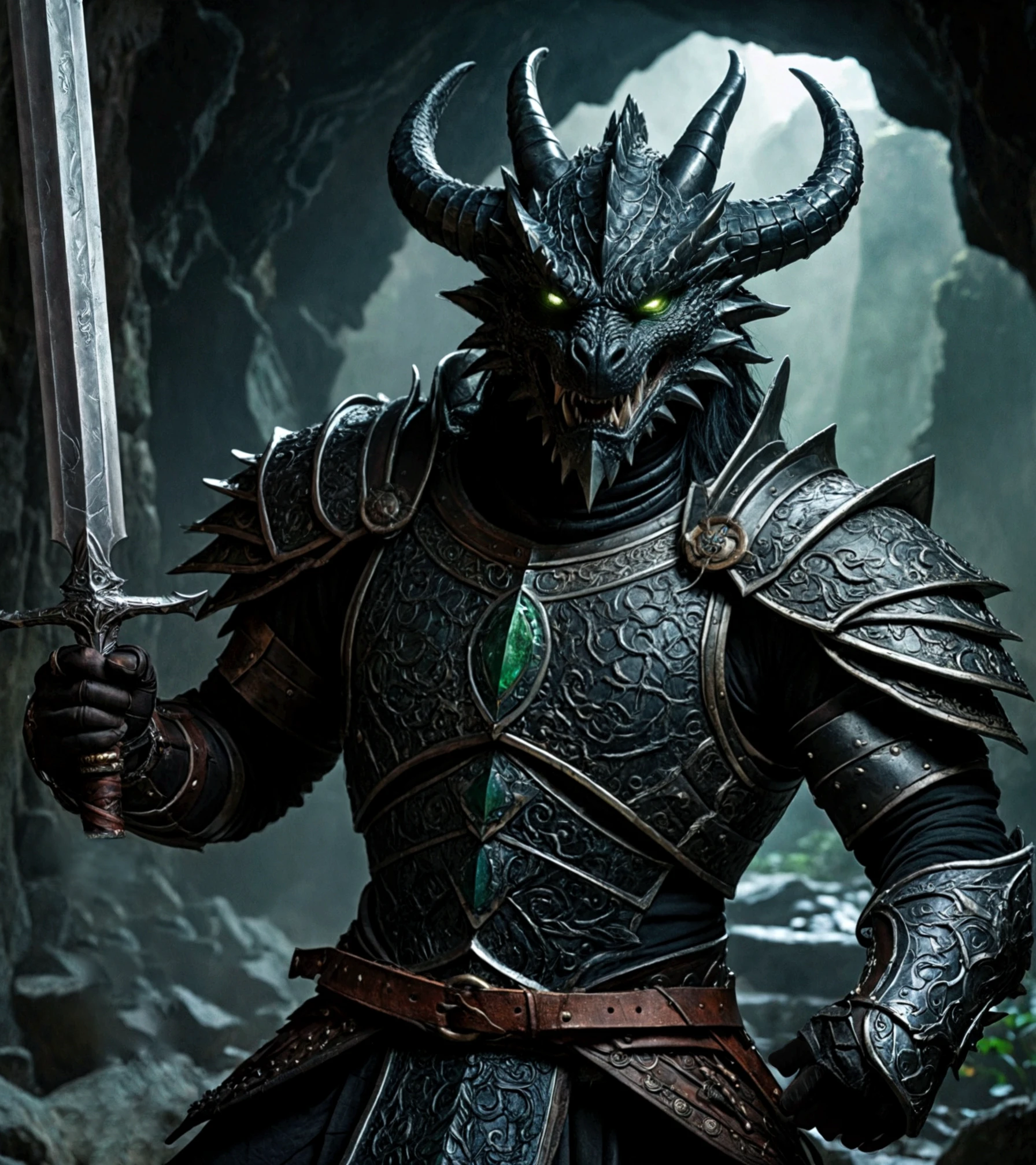 ((Wide Shot)) Create a highly detailed, powerful black dragon warrior with a dark, medieval fantasy aesthetic. The character is humanoid with imposing dragon-like features, including a muscular, black scaled covered body  with in (((deep black))) scales that reflect light subtly, creating a shimmering effect. Its head is adorned with curved, menacing horns, and it has sharp, glowing green eyes that give off an intense, almost supernatural stare. The creature's mouth is open in a fierce snarl, revealing razor-sharp teeth, mouth open wide roaring in challenge.

The dragon warrior is dressed in Dark rusty, intricately designed armor made of black metal, featuring swirling, filigree patterns and black obsidian inlays that add a regal touch. The armor has multiple plates, each decorated with complex engravings and textures that appear ancient and worn but remain formidable. The chest plate and shoulder guards are emphasized with bold, symmetrical designs, and there's a large, Fireyl redblue gemstone embedded in the center of the chest, surrounded by elaborate, almost magical carvings.

One of the warrior's arms is raised, and flexed, with claws slightly curled, displaying strength and readiness for battle. In the background a huge rusty cleaver in its hand., a dark cave setting is visible, filled with faint, mystical lighting that highlights the dragon's outline against the shadows. There’s a sense of depth with subtle light particles floating around, adding a mystical, ethereal atmosphere. Ensure the entire composition exudes power, mystique, and a sense of ancient magic.