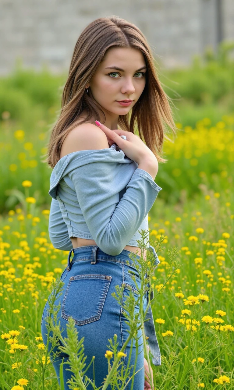 candid, girl posing in jeans, full body, sunny, field of flowers, blurry background,  <lora:christin_black_flux:0.9>