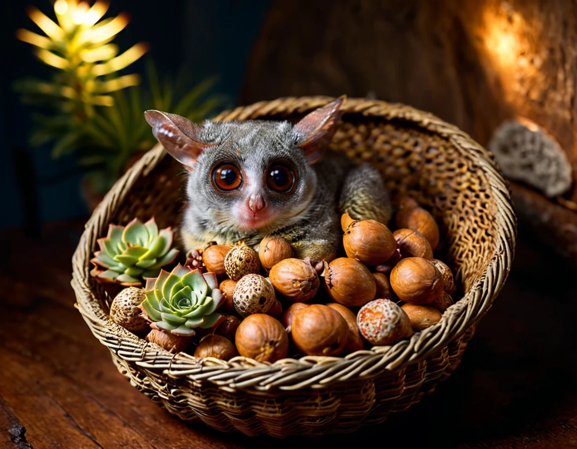 The galago nestles in its delicious wicker basket overflowing with succulent nuts. It rocks contentedly, its large eyes sparkling with satisfaction. It begs for a nut, savors its sweet-bitter flavor. It's a simple small happiness in its snug cocoon