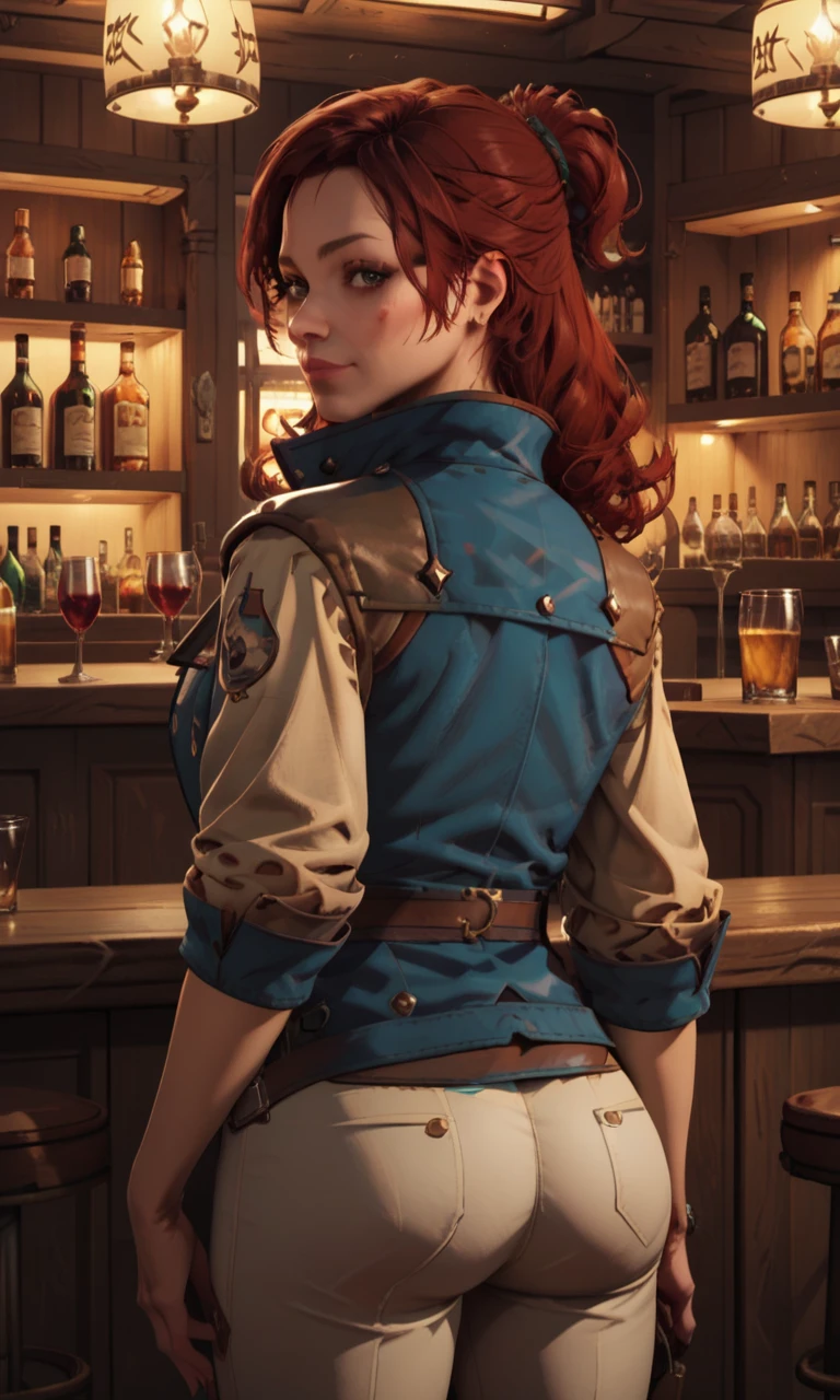 score_9,  score_7_up,1girl,solo,4lise,red hair,lether jacket,standing at the bar, looking over shoulder,back view,looking at viewer, (<lora:4lise5:1>:1.2)