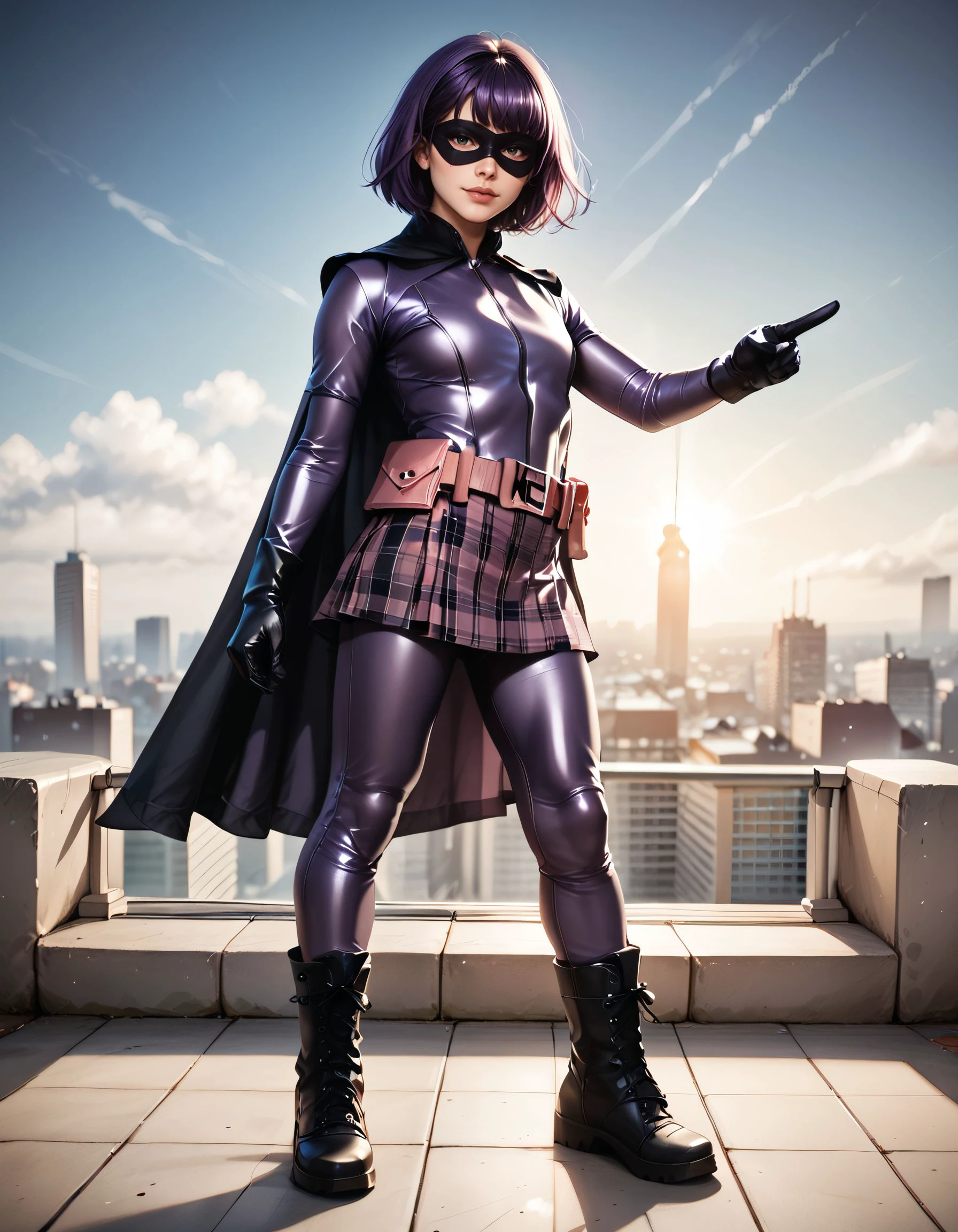 <lora:HitgirlCosplay:0.7> hitgirlcosplay, [side view]
A girl, posing with a superheroic jumping pose, dynamic posture, intensity, looking at viewer with a seductive gaze, pointing a gun at viewer. 
Purple hair, bob haircut with bangs, purple bodysuit, full bodysuit, black mask, black cape, black boots, black gloves, ((pink utility belt)), initials "HG" on the buckle, purple plaid skirt, purplee pants, black kneepads.
The background is the roof of a building, cityscape at night, with shadows., score_9, score_8_up, score_7_up, score_6_up, A highly detailed, intricate details, soft natural lighting, realistic anatomy, realistic eyes with catchlights, subtle skin shading, soft shadows, high resolution, smooth gradients, vibrant yet natural colors, cinematic lighting, depth of field, soft bokeh background, detailed eyes, detailed face,, zPDXL3, zPDXLrl, zPDXLxxx