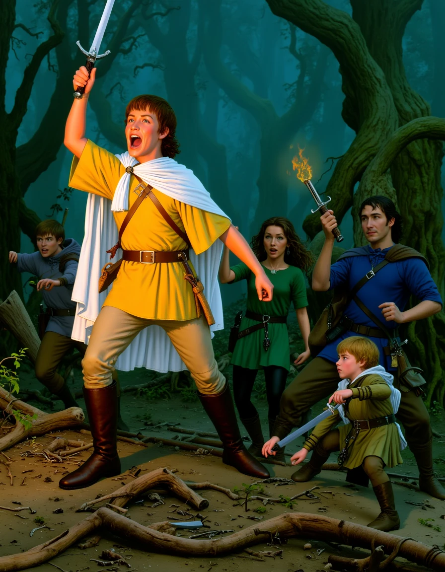 Boromirs Last Stand, dramatic medieval battle scene in a dense, misty forest. In the foreground, a young man in a yellow tunic, white cape, and leather boots is wielding a sword, shouting triumphantly. Behind him, a young woman in a green dress and black leggings holds a torch, her face etched with determination. To the right, a man in a blue tunic and brown pants is armed with a sword and shield, while a boy in a green tunic and brown pants holds a sword, his face filled with fear. The forest floor is littered with bodies and debris. The background is a dense, misty forest with tall, twisted trees. The mood is intense, with a mix of fear, determination, and triumph.
<lora:TedNasmith_MiddleEarth-flux-v2:1.25>