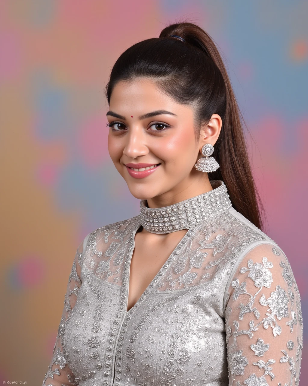 headshot photo of a Mehreen Pirzada woman,candid photo with natural colors, smiling expression on face, thin face, studio quality, wearing intricate elegant turtleneck Silver Pants_kurta, high ponytail, pastel shaded multicolored background, cinematic soft lighting<lora:TestBed\Mehreen_Pirzada_Flux_Kohya_V1.safetensors:0.9:0.9>