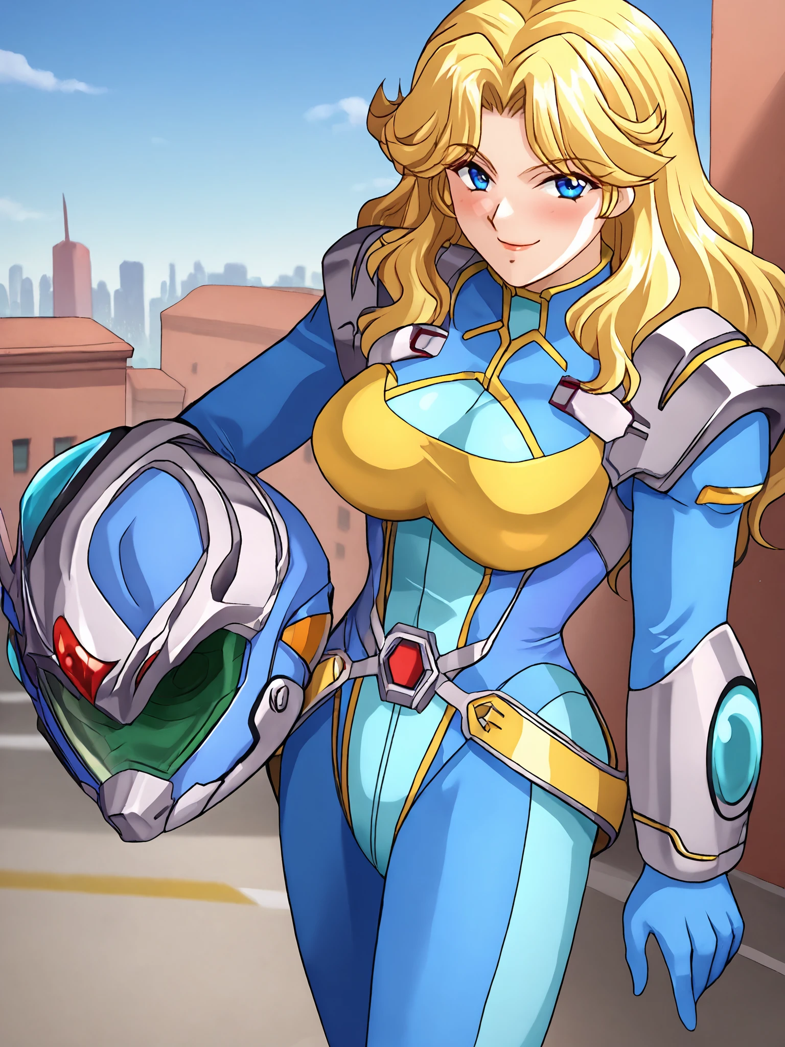 score_9, score_8_up, score_7_up, <lora:offset_0.2:0.1>, <lora:spo_sdxl_10ep_4k-data_lora_webui:1>, BREAK,
1girl, solo, BREAK,
srw_leona, large breasts, wavy hair, blonde hair, hair intakes, long hair, blue eyes, <lora:srw_leona:1>, BREAK,
srwbluepilotsuit, blue bodysuit, pauldrons, wrist guards, metal belt, grey armor, helmet, helmet removed, no headwear, unworn helmet, holding helmet, <lora:Pilot_suit__Super_Robot_Wars:1>, BREAK,
smug, smile, blush, looking at viewer, feet out of frame, BREAK,
outdoors, city, skyline, blue sky