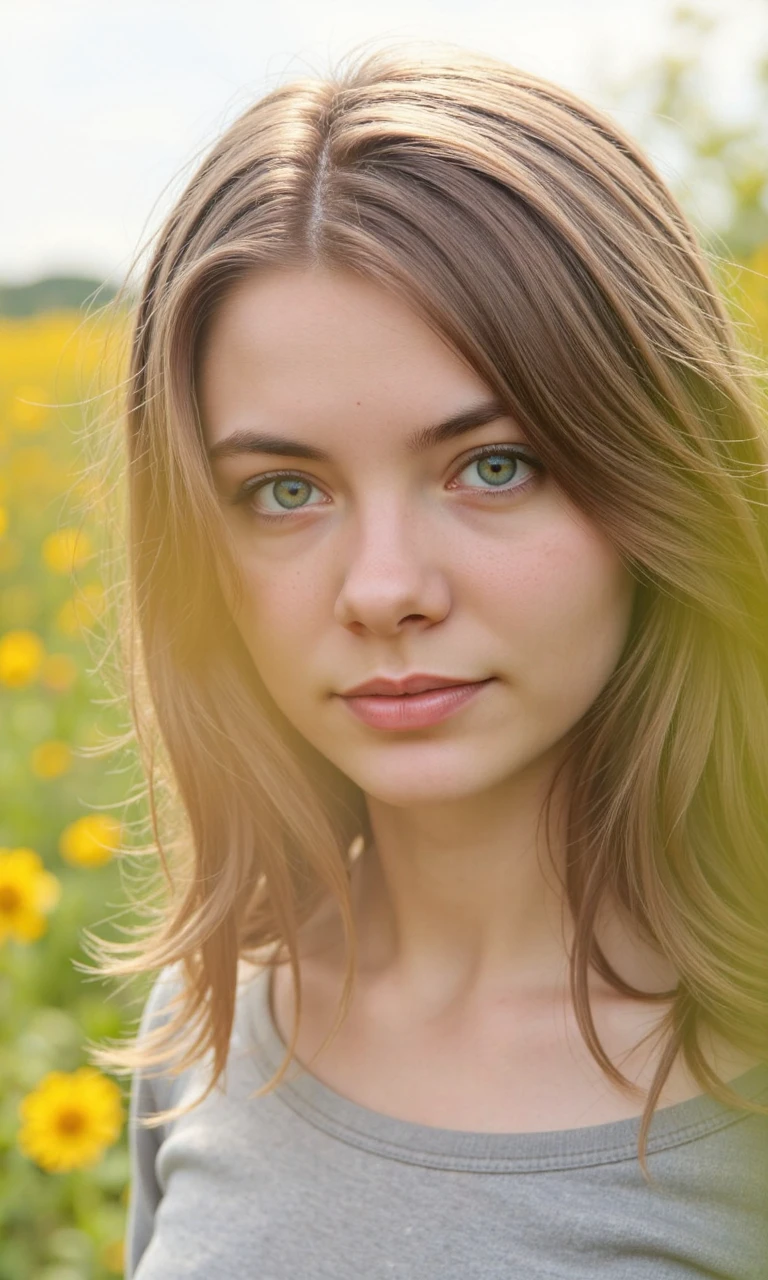 girl, closeup shot, sunny, field of flowers, blurry background,  <lora:christin_black_flux:0.9>