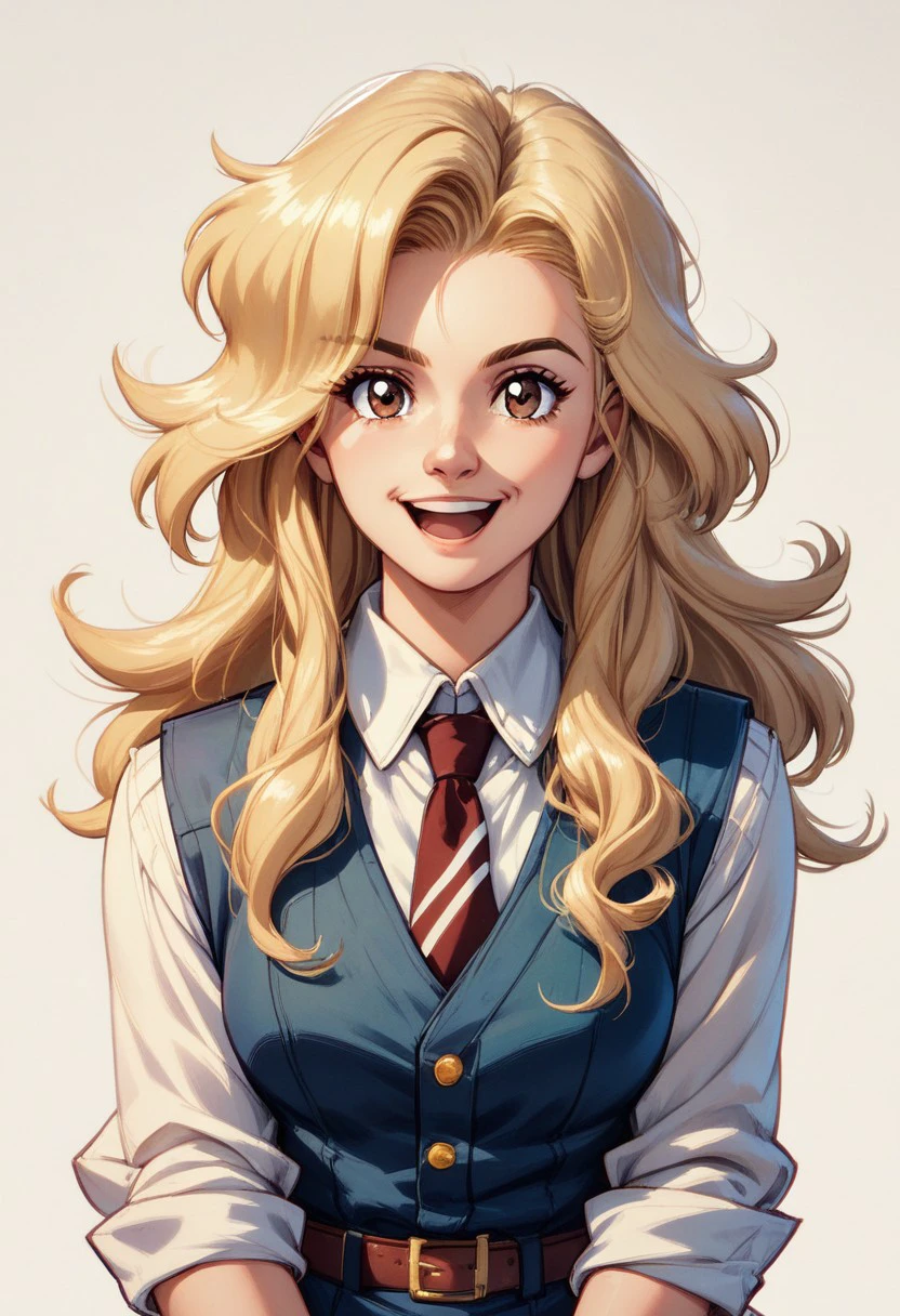 score_9, score_8_up, score_7_up, score_6_up, score_5_up, score_4_up BREAK speightsmix style, 1girl, solo, blonde hair, retro artstyle, necktie, long hair, brown eyes, smile, open mouth