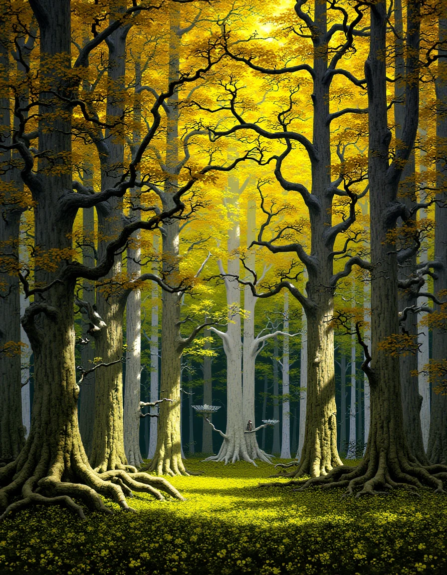 a painting of The mallorn trees of Lothlórien tower overhead, their silver bark and golden leaves creating a luminous canopy. Delicate structures wind through the branches, connected by graceful bridges. The forest floor is carpeted with small yellow flowers that seem to glow in the ethereal light.
<lora:TedNasmith_MiddleEarth-flux-v1:1.25>