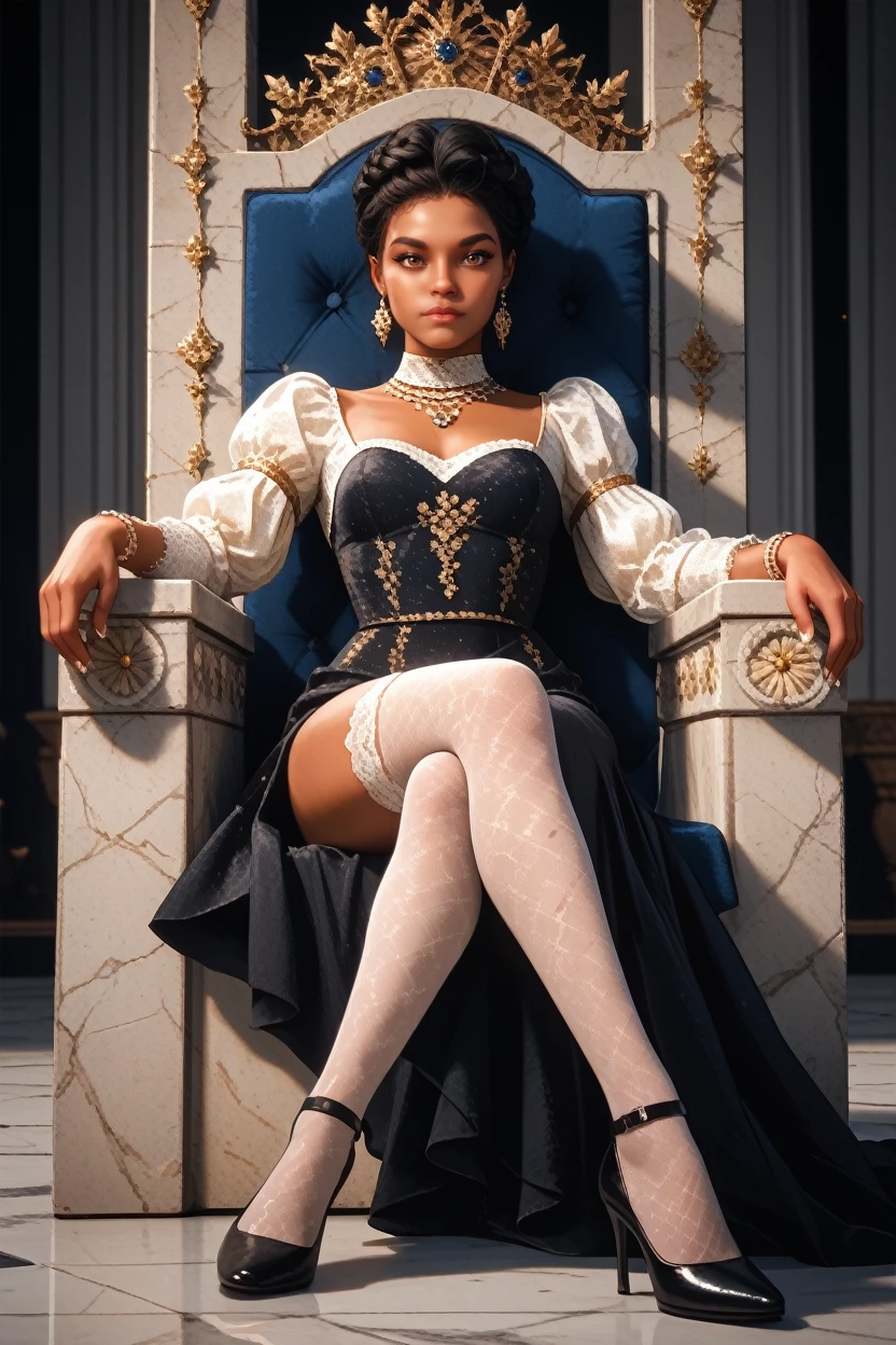 score_9, score_8_up, score_7_up,
<lora:RDR2Tilly:0.8>
RDR2Tilly, 1girl, black hair, brown eyes, dark skin, looking at viewer, sitting on a throne, legs crossed, thigh highs, high heels, dress, jewelry