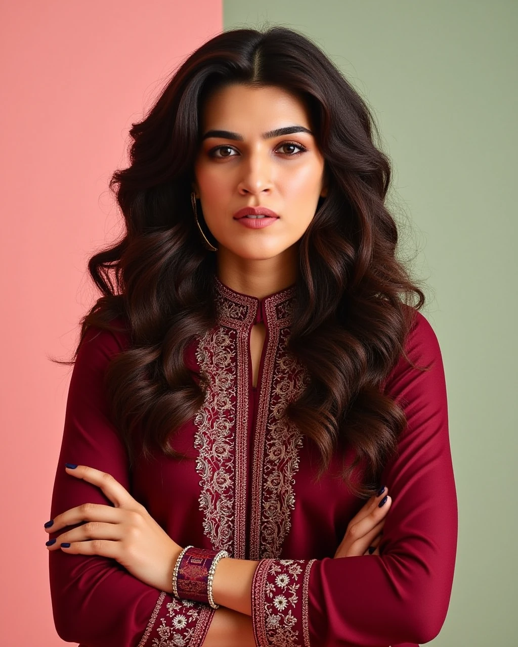 full body photo of a Kriti Sanon woman,candid photo with natural colors, serious expression on face,studio quality, wearing intricate conservative turtleneck Maroon Salwar Kameez, curls, pastel shaded multicolored background, cinematic soft lighting<lora:TestBed\Kriti_Sanon_2024_Flux_LoRA_V1.safetensors:1.0:1.0>