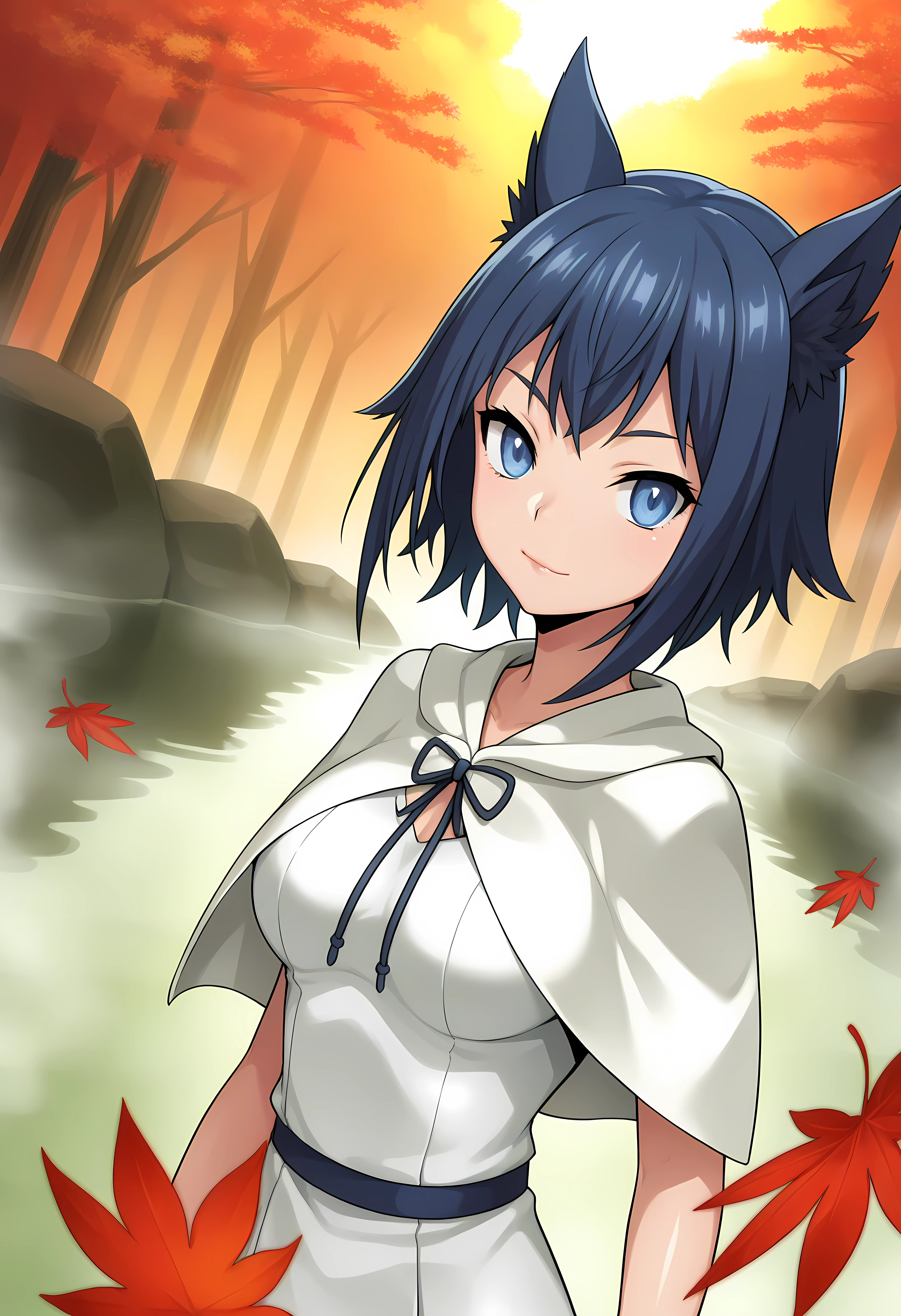 looking at viewer, shiny skin, upper body, light smile,ohwx, short_hair, blue_hair, 1girl, blue_eyes, breasts, black_hair, animal_ears, medium_breasts, long_hair, large_breasts,dress, capelet, white_dress, white_capelet, Japanese hot spring hidden in a mountain forest, steam rising, surrounded by autumn leaves, secluded,<lora:rin_rokudou_illustrious_sobsynapse-000002:1>