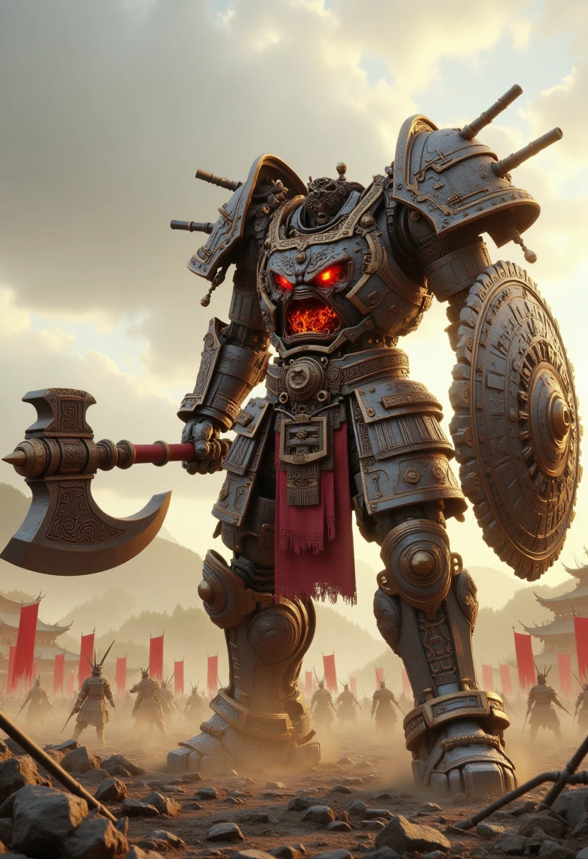 xingtianmech, face on torso, stands in a fierce fighting stance on the battlefield, its gleaming armor reflecting the remnants of a shattered world. Armed with a massive axe and a sturdy shield, this ancient mecha, with piercing red eyes engulfed in fiery flames, embodies the strength and resilience of soldiers in a ruined battlefield landscape, army, soldiers, set in ancient China, ruins, fire smoke, banner, dust. <lora:Xingtianmech:0.8>