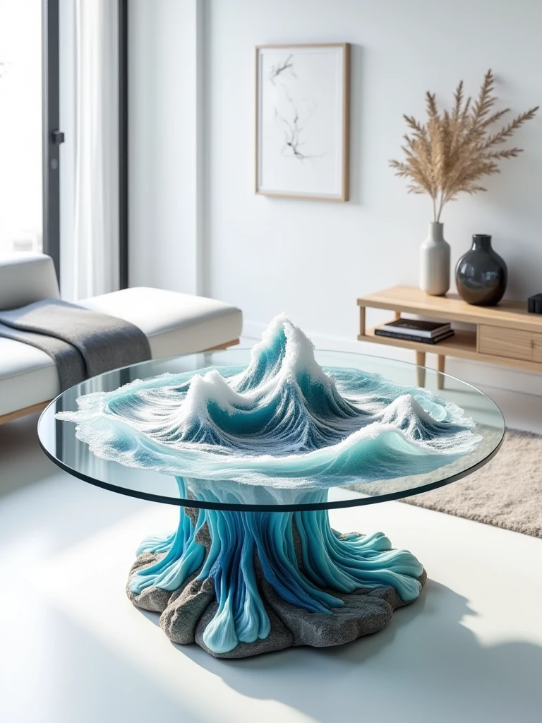 waterwave mountain table under glass,living room,white floor,