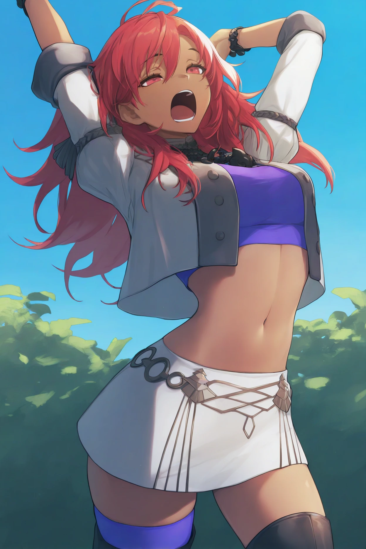 masterpiece, best quality, 1girl, solo, <lora:fehapi-illu-nvwls-v1-000005:1> dfhpi, dark-skinned female, red hair, red eyes, long hair, white jacket, purple crop top, pendant, bracelet, navel, white skirt, single thighhigh, purple thighhigh, thigh boots, black boots, arms behind head, yawn, open mouth, tired, blue sky, garden