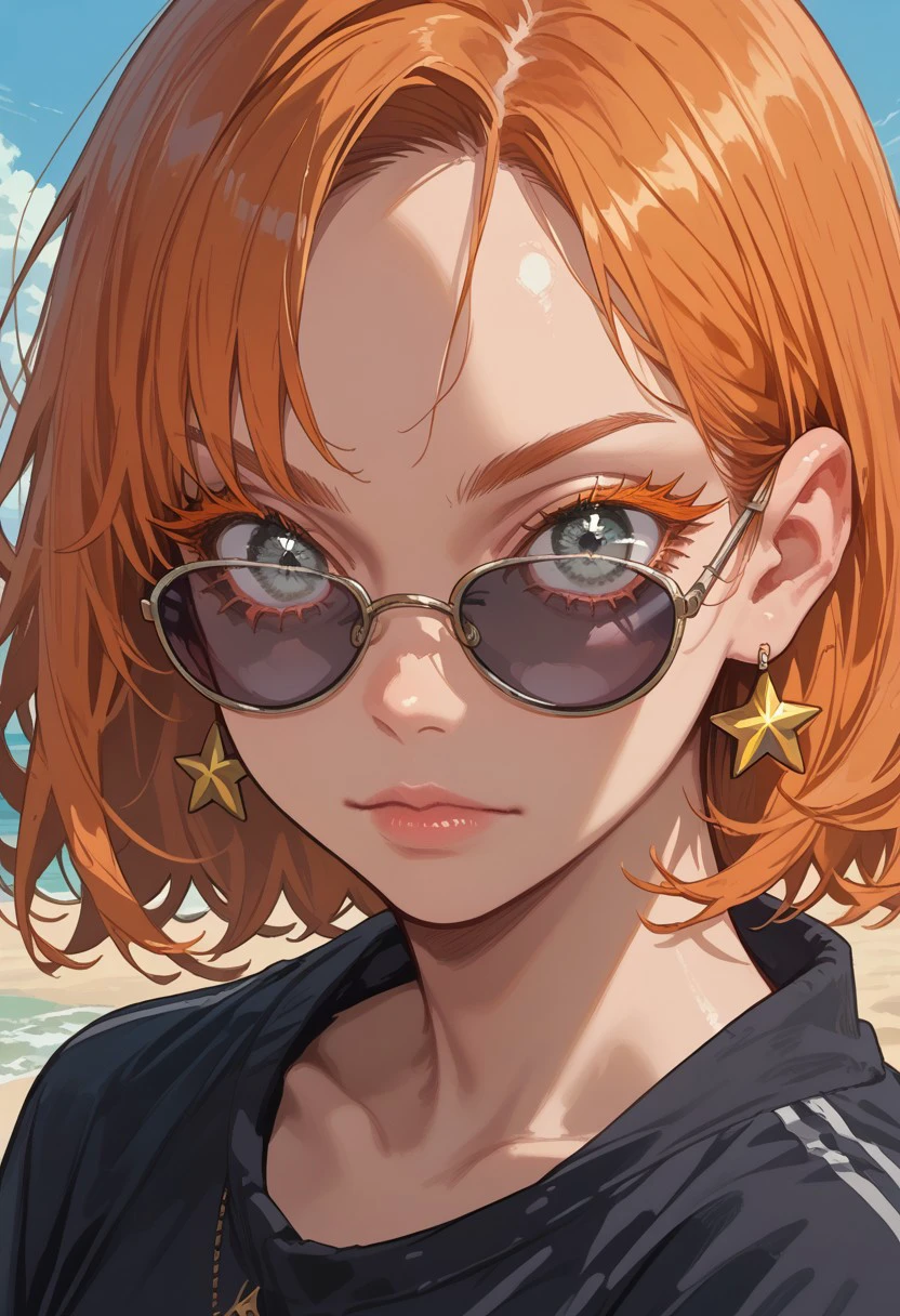 score_9, score_8_up, score_7_up, 1girl, solo, long eyelashes, orange hair, grey eyes, shiny eyes, sunglasses, star earrings