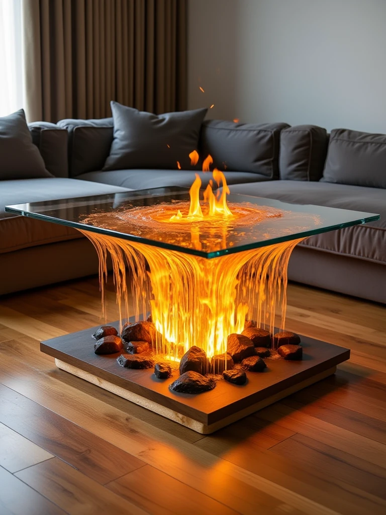 fire waterfall table with splash under glass,living room,wood floor,