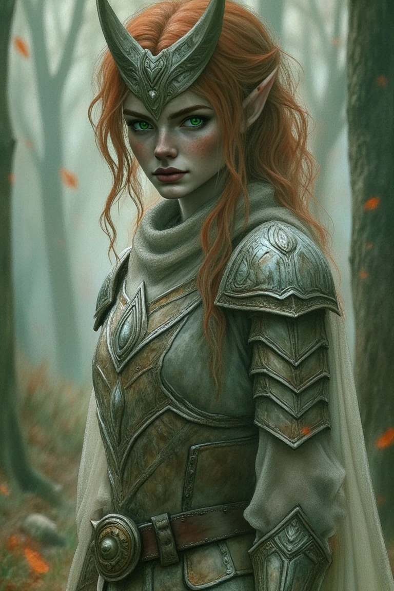 Prompt: Beautiful female woodelf in shiny iron and silver armor, full body view, full body shot, feet and arms seen in the view, hyper photorealistic, ultra photorealistic, looking straight into camera, Elf, pointy ears, photorealistic, fighting pose, shoulder length wavy red hair, full body, athletic figure, beautiful green eyes,  8k, ultra realistic, hyper realistic, highly detailed, daylight, fantasy style, high contrast, colorful polychromatic, (Intricately Designed face: 1.3),  dramatic lighting, wet and sweaty skin, dirty skin, Cinematic colorful lighting, realistic body and face, Photograph Taken on Nikon D750, Intricate, Elegant, Digital Illustration, Scenic, Hyper-Realistic, Unreal Engine, CryEngine, Octane Render, Artgerm, WLOP, Greg Rutkowski, 8k ultra high resolution concept art, hyper-defined, sharp focus, echoing, (hyperdetailed body and face: 1.3),  asymmetric balance, Stunning and amazing.,Acrylian4,Lineart style:Charcoal lineart and white chalk lineart,Tannis, Tanis, Esmeralda , piercing multicolor colorful eye color,black ink lineart, dynamic pose, Amazing artwork, a Masterpiece painting