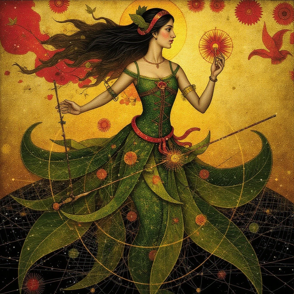 A woman with a dress made of leaves, painting in the style of t3mpl30fsh4d0ws artstyle

