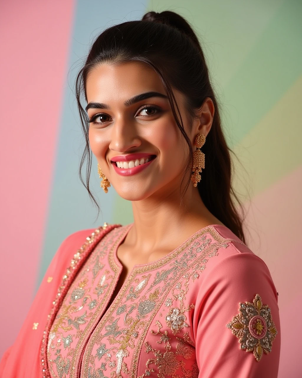 headshot photo of a Kriti Sanon woman,candid photo with natural colors, smiling expression on face,studio quality, wearing intricate conservative long sleeved Rose Punjabi Suit, high ponytail, pastel shaded multicolored background, cinematic soft lighting<lora:TestBed\Kriti_Sanon_2024_Flux_LoRA_V1.safetensors:1.0:1.0>