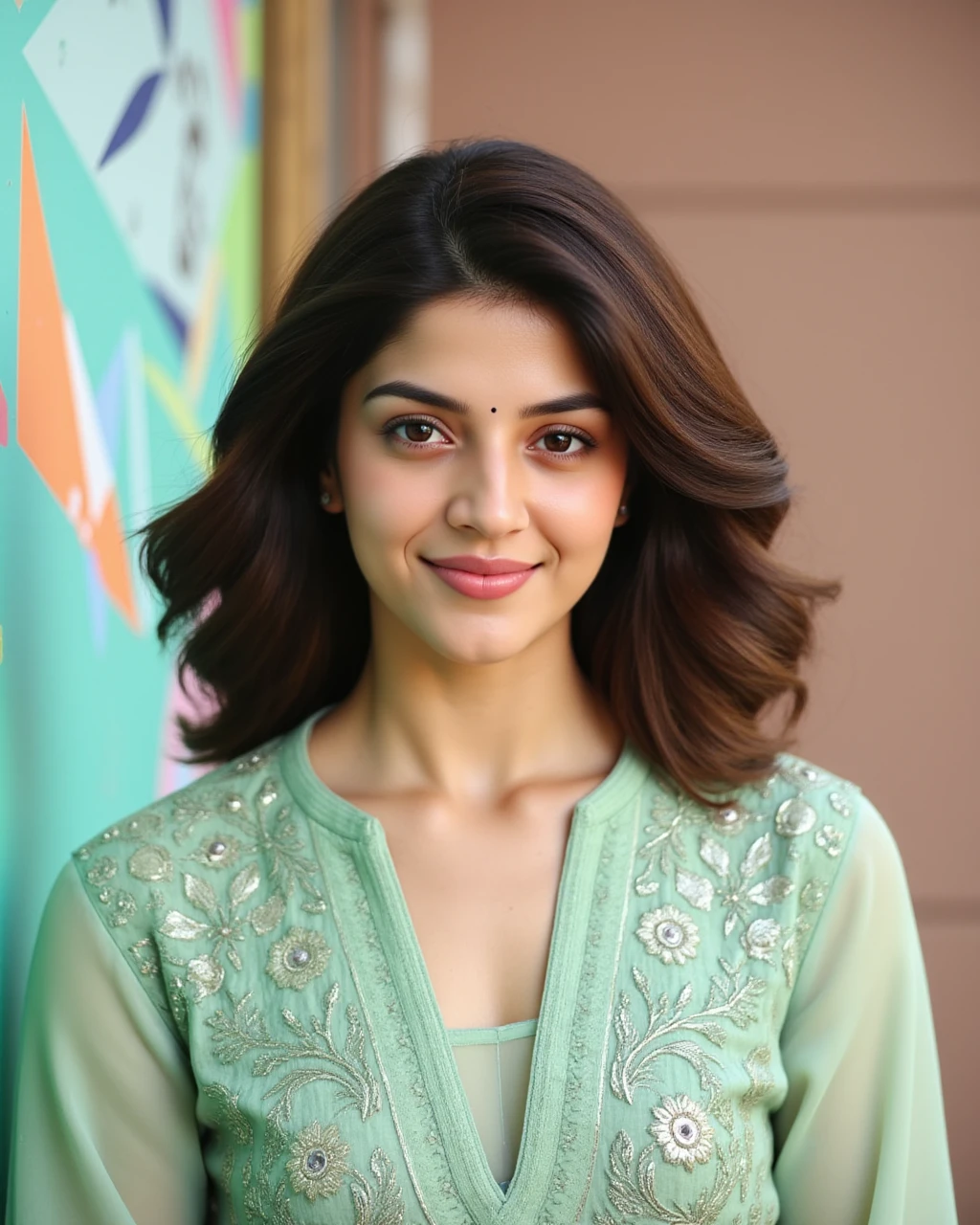 headshot photo of a Mehreen Pirzada woman,candid photo with natural colors, smiling expression on face, thin face, studio quality, wearing intricate elegant long sleeved Mint Green Churidar Suit, curls, pastel shaded multicolored background, cinematic soft lighting<lora:TestBed\Mehreen_Pirzada_Flux_Kohya_V1.safetensors:0.9:0.9>