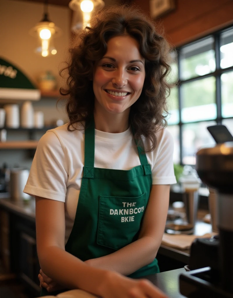 Linda Lovelace is a woman wearing a starbucks uniform and serving coffee at starbucks  <lora:Linda Lovelace:0.9>