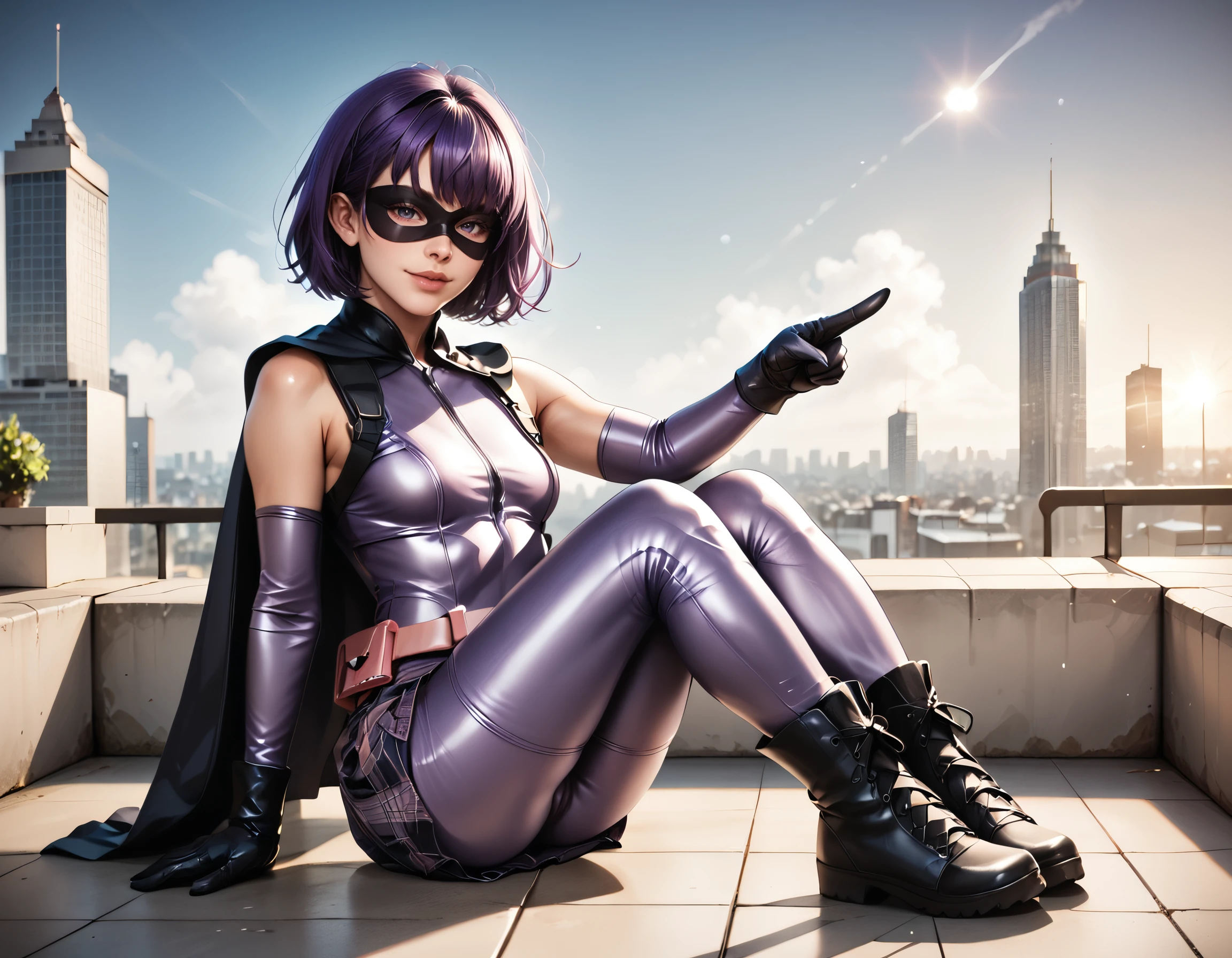 <lora:HitgirlCosplay:0.7> hitgirlcosplay, [side view]
A girl, posing with a superheroic pose, dynamic posture, intensity, looking at viewer with a seductive gaze, pointing a gun at viewer. 
Purple hair, bob haircut with bangs, purple bodysuit, full bodysuit, black mask, black cape, black boots, black gloves, ((pink utility belt)), initials "HG" on the buckle, purple plaid skirt, purplee pants, black kneepads.
The background is the roof of a building, cityscape at night, with shadows., score_9, score_8_up, score_7_up, score_6_up, A highly detailed, intricate details, soft natural lighting, realistic anatomy, realistic eyes with catchlights, subtle skin shading, soft shadows, high resolution, smooth gradients, vibrant yet natural colors, cinematic lighting, depth of field, soft bokeh background, detailed eyes, detailed face,, zPDXL3, zPDXLrl, zPDXLxxx