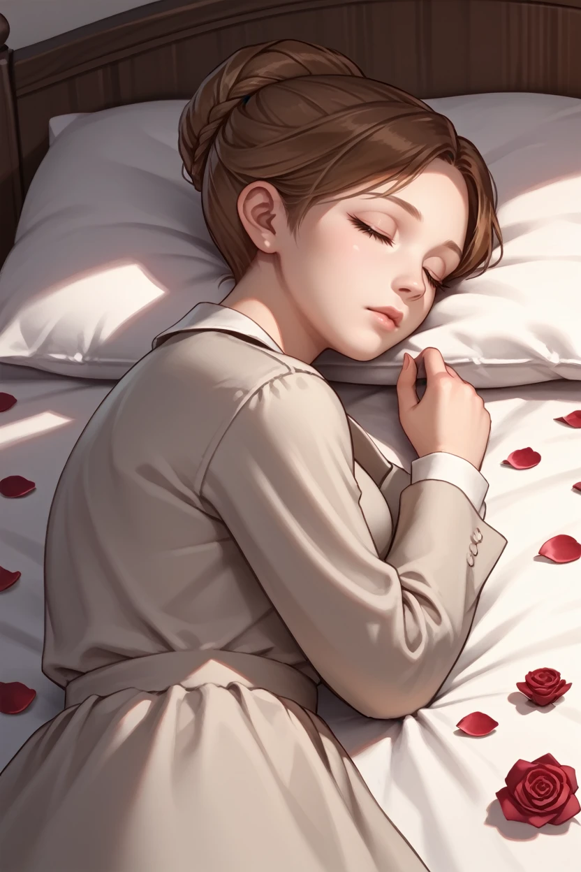 score_9, score_8_up, score_7_up,
<lora:RORJennifer:0.8>
RORJennifer, 1girl, brown hair, brown eyes, hair updo, looking at viewer, sleeping in a bed, rose petals, closed eyes