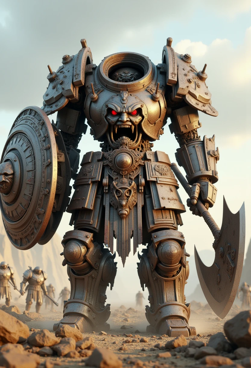 xingtianmech, face on torso, stands as a formidable presence on the battlefield, its gleaming armor reflecting the remnants of a shattered world. Armed with a massive axe and a sturdy shield, this sci-fi warrior, with piercing red eyes, embodies the strength and resilience of soldiers in a post-apocalyptic landscape. <lora:Xingtianmech:0.8>