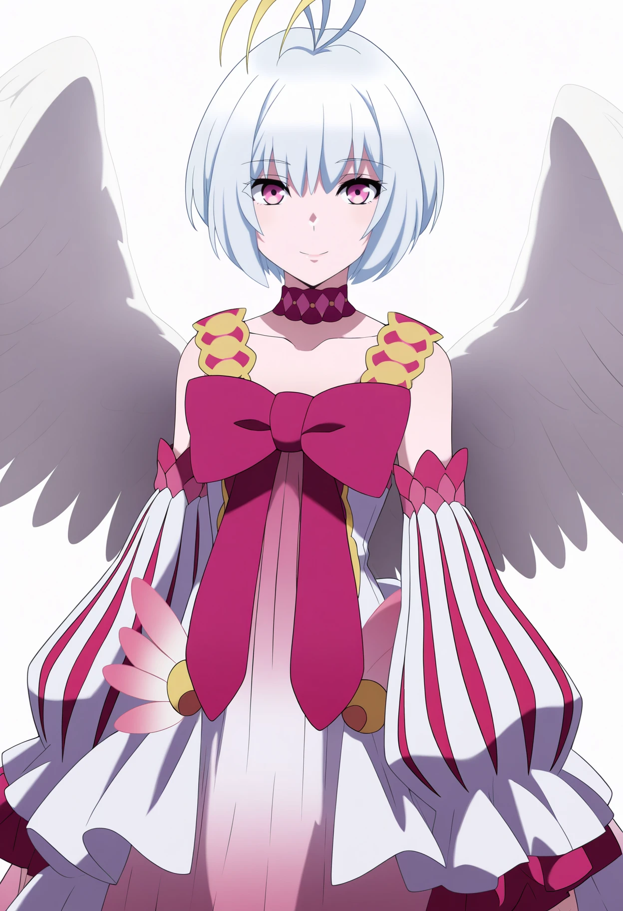 masterpiece, best quality, very aesthetic, absurdres,
1girl, fitoria, white hair, pink eyes, short hair, antenna hair,
bow, choker, detached sleeves, dress, angel wings,
upper body, smile, looking at viewer, solo, (simple background, white background:1.3)   <lora:FitoriaIllustriousXL_byKonan:1>