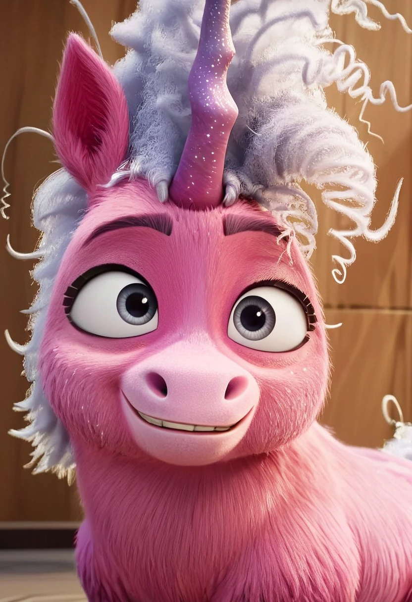 thelma unicorn, single horn,1girl, small unicorn, short body, female unicorn, grey eyes, two-toned fur, pink and purple fur, white hair, curly hair, white tail, curly tail, feral, score_8_up, score_7_up, BREAK, 1girl, solo, looking at viewer, cute, smiling, female focus, looking at viewer, detailed background, 4k, masterpiece, best quality, highly detailed, 3d, full shot, realistic, 3d,