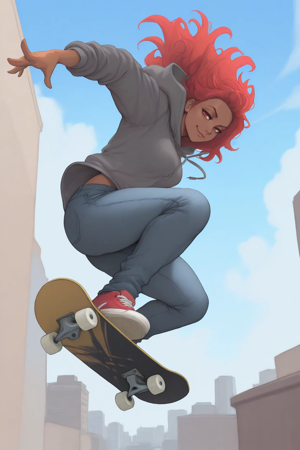 masterpiece, best quality, 1girl, solo <lora:fehapi-illu-nvwls-v1-000005:1> dfhpi, dark-skinned female, red hair, red eyes, long hair, grey hoodie, jeans, sneakers, skateboarding, blue sky, city, clouds, dynamic pose, smirk, looking at viewer