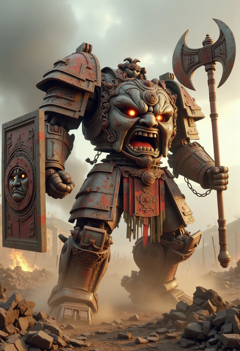 xingtianmech, face on torso, in a fierce fighting stance on the battlefield, its rusty and broken armor reflecting the remnants of a shattered world. Armed with a massive axe and a massive square shield with face on it, this ancient mecha, with piercing red eyes engulfed in fiery flames, embodies the strength and resilience in a ruined battlefield landscape, attacked by thousand soldiers, set in ancient China, ruins, fire smoke, banner, dust. <lora:Xingtianmech:0.8>
