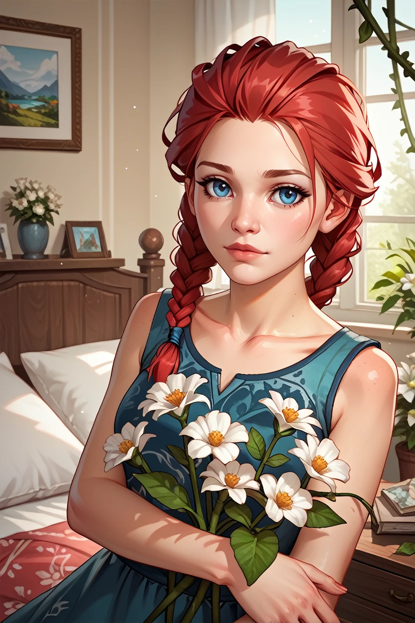 score_9, score_8_up, score_7_up, score_6_up
<lora:DBDMeg:0.8>
DBDMeg, 1girl, red hair, blue eyes, twin braid, looking at viewer, indoors, overgrowned, bedroom, flowers, white flowers, vines