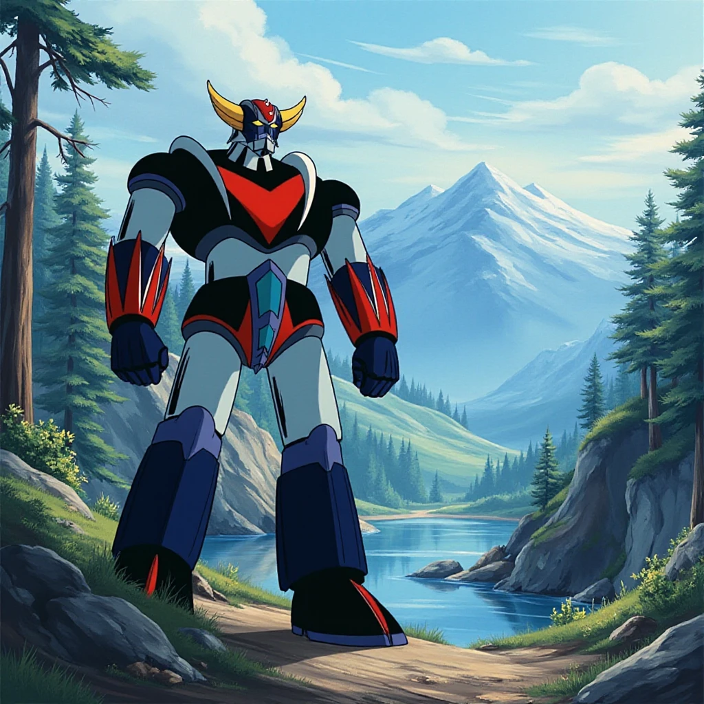 a super robot, standing in a beautiful futuristic landscape with a forests and lakes <lora:Goldorak_body-0019:0.8> gldrkbd