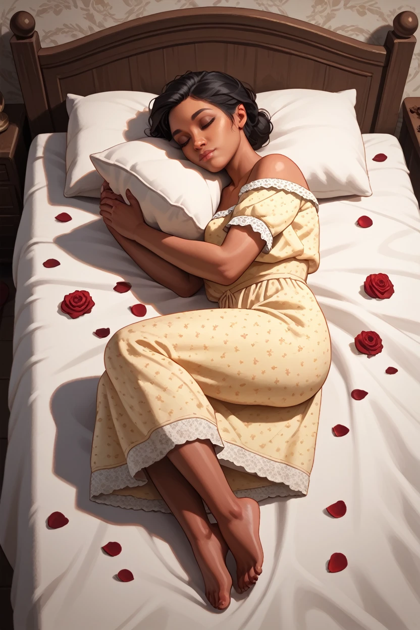score_9, score_8_up, score_7_up,
<lora:RDR2Tilly:0.8>
RDR2Tilly, 1girl, black hair, brown eyes, dark skin, looking at viewer, sleeping in a bed, rose petals, closed eyes, full body