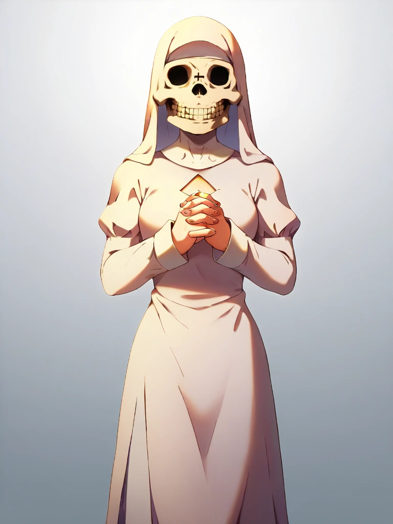 score_9, score_8_up, score_7_up, dalethwaifu, solo,  dress, gradient,cinematic, 2d, gradient background, mask, skull, teeth, church background, habit,  interlocked fingers, own hands clasped, own hands together, praying,  standing, veil,<lora:add-detail-xl:1>, <lora:Daleth_character:1>,  <lora:HandFixer_pdxl_Incrs_v1:1>