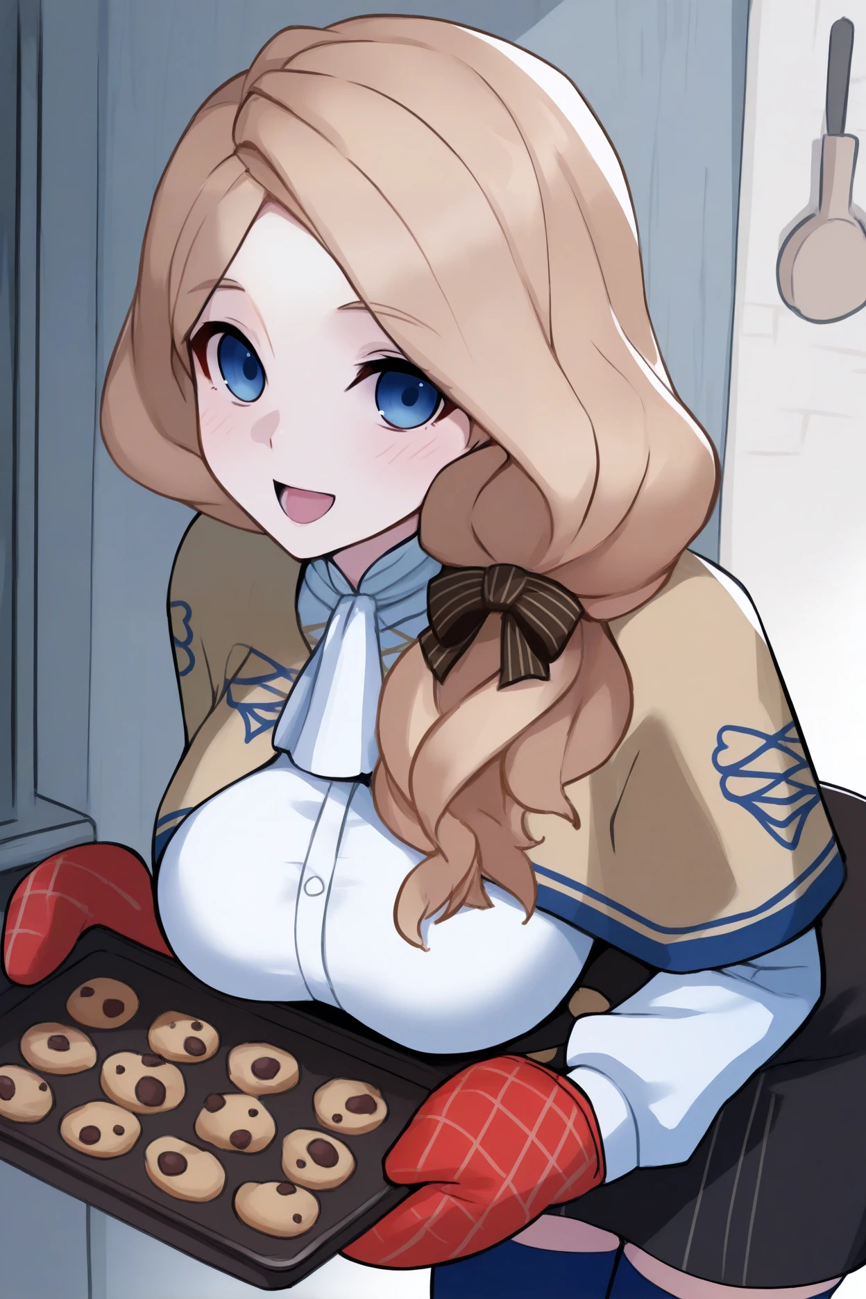 masterpiece, best quality, 1girl, solo, <lora:femercedes-illu-nvwls-v1-000005:1> defmcdes, blonde hair, low-tied long hair, hair over shoulder, blue eyes, hair bow, beige capelet, white shirt, white ascot, high-waist skirt, black skirt, zettai ryouiki, blue thighhighs, oven mitts, holding baking tray of chocolate chip cookies, kitchen, wood stove, medieval, looking at viewer, happy, large breasts, leaning forward, open mouth