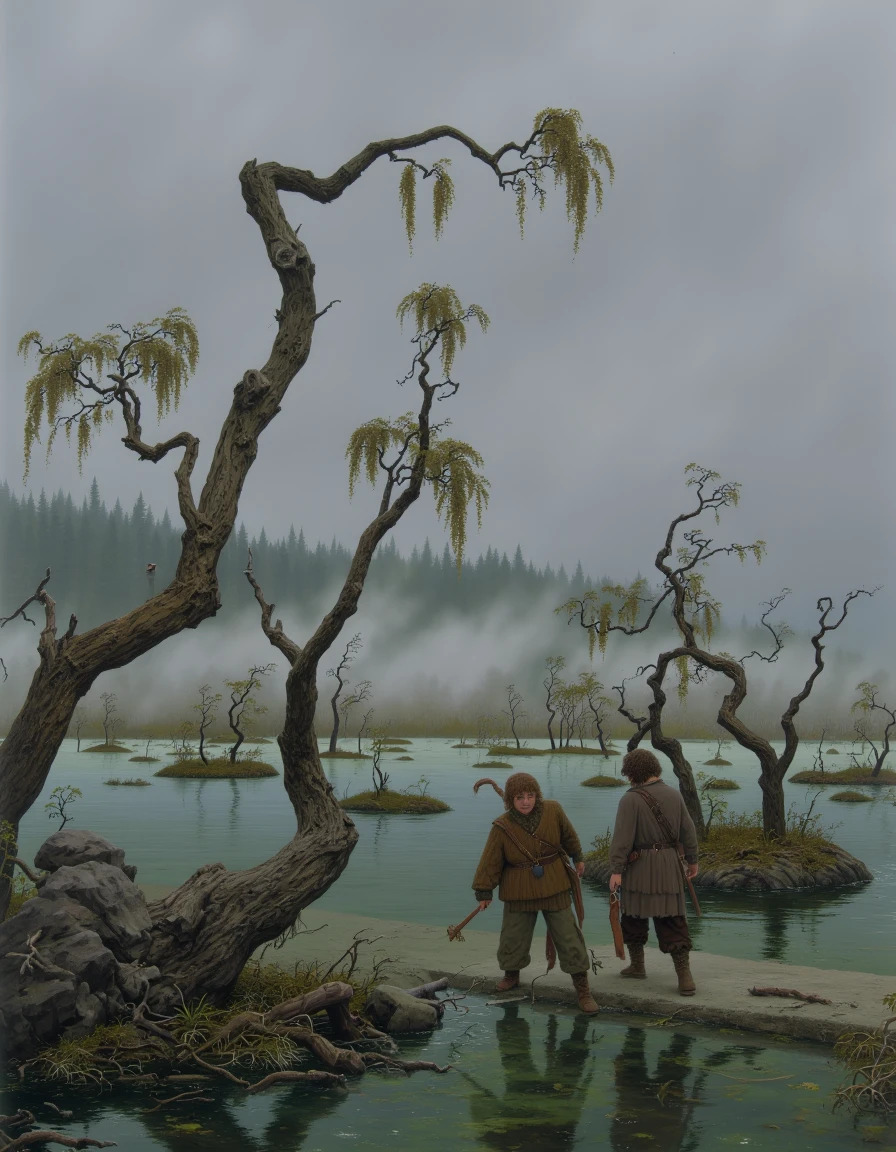 a painting of the Fellowship of the Ring, Bilbo and Aragorn stumbling through the dead marshes stretch endlessly under a gray sky, their stagnant pools reflecting pale lights that dance beneath the surface. Twisted trees rise from small islands of solid ground, their branches heavy with hanging moss. A thick mist clings to the water's surface, obscuring distant horizons.
<lora:TedNasmith_MiddleEarth-flux-v2:1.25>