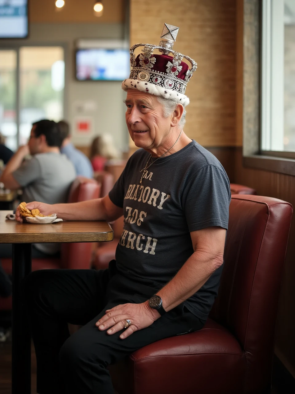 K1N6CH4RL35 A middle-aged man sitting in a crowded fast food restaurant, waiting for his order, casually wearing a crown <lora:King-Charles_Flux_v01e08:1>