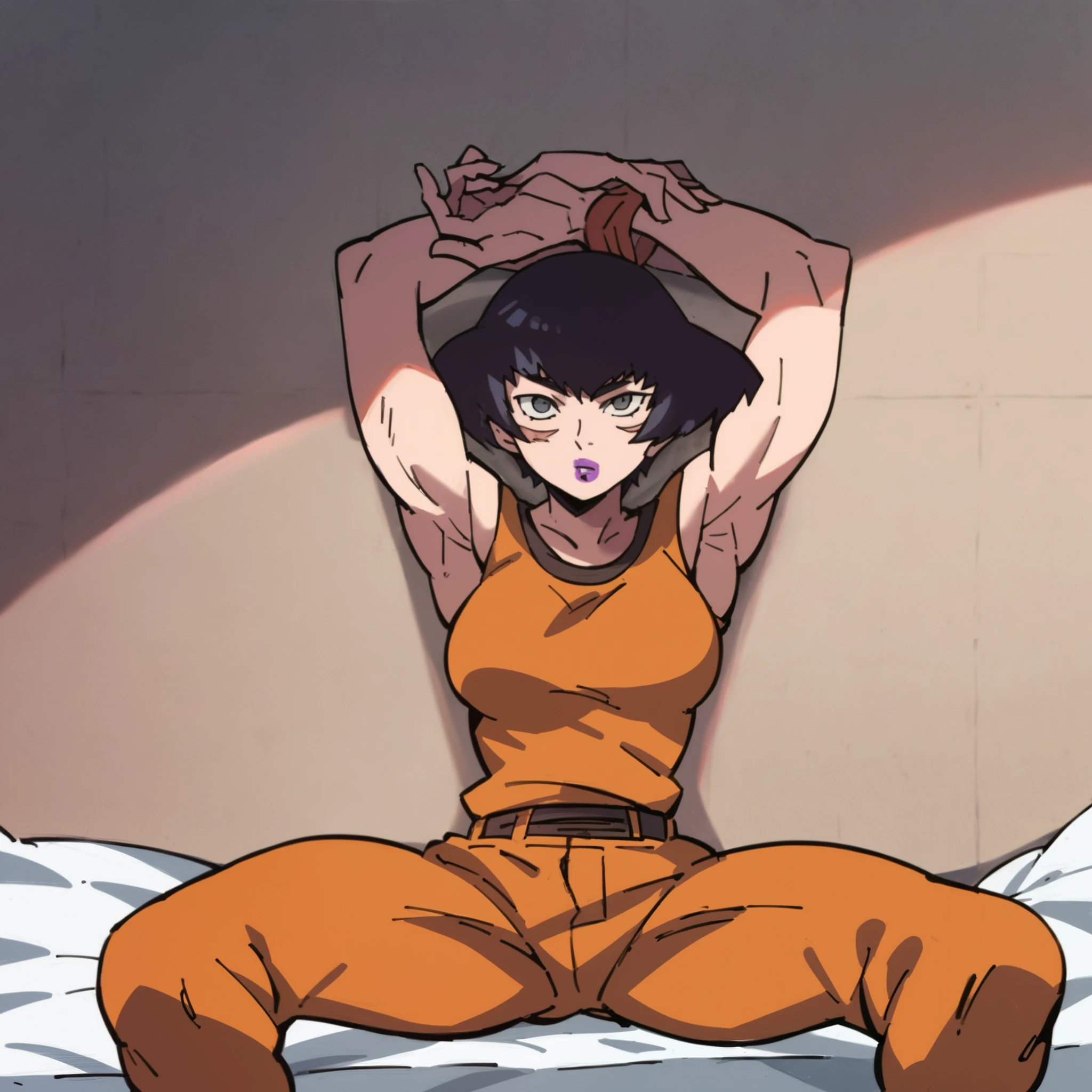 score_9, score_8_up, score_7_up, score_6_up,score_5_up,score_4_up,source_anime, BREAK, <lora:Tsuchiya:0.85>, 1girl, muscular, spread legs, orange singlet, dark hair,orange pants, looking at viewer, short hair, bedroom, sitting, arms up,medium breast,purple lips, grey eyes,