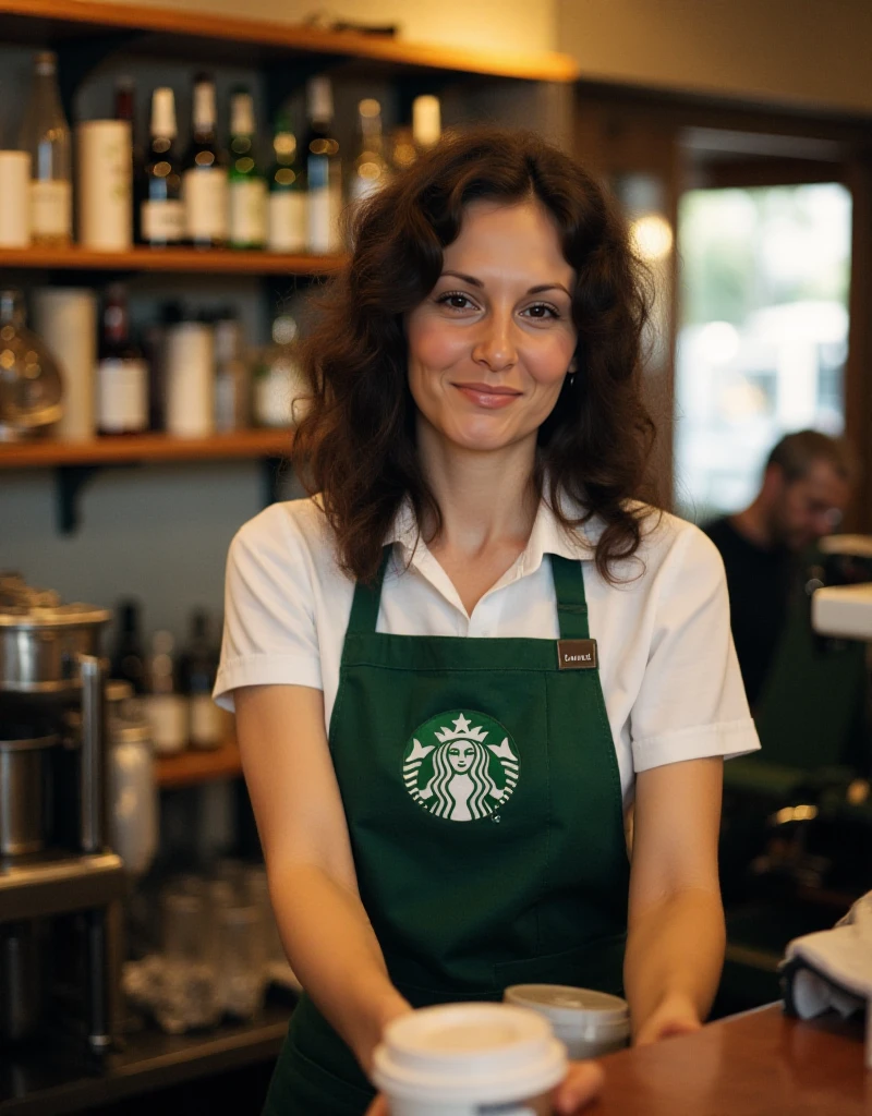 Linda Lovelace is a woman wearing a starbucks uniform and serving coffee at starbucks  <lora:Linda Lovelace:0.9>