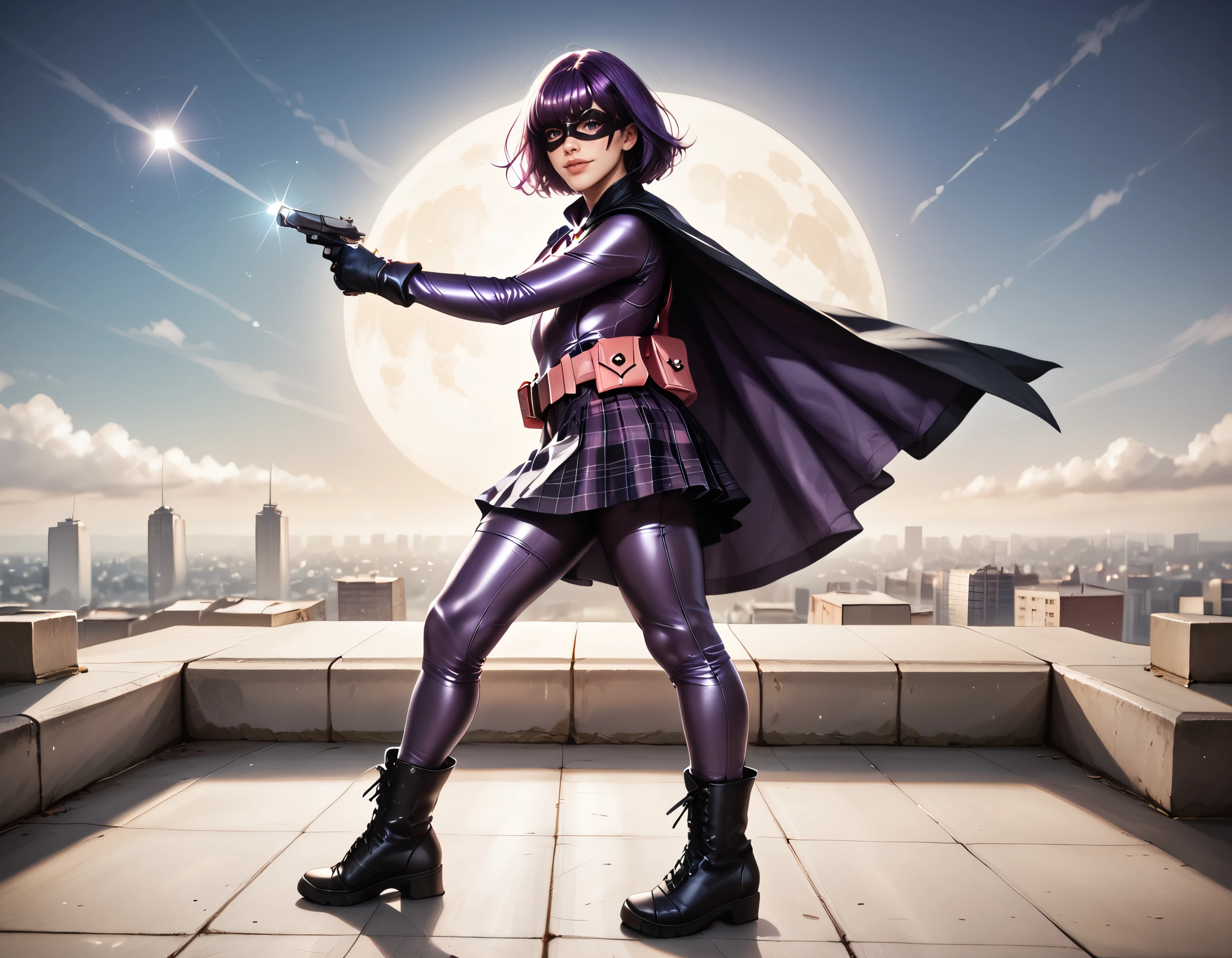 <lora:HitgirlCosplay:0.7> hitgirlcosplay, [side view]
A girl, posing with a superheroic jumping pose, dynamic posture, intensity, looking at viewer with a seductive gaze, pointing a gun at viewer. 
Purple hair, bob haircut with bangs, purple bodysuit, full bodysuit, black mask, black cape, black boots, black gloves, ((pink utility belt)), initials "HG" on the buckle, purple plaid skirt, purplee pants, black kneepads.
The background is the roof of a building, cityscape at night, with shadows., score_9, score_8_up, score_7_up, score_6_up, A highly detailed, intricate details, soft natural lighting, realistic anatomy, realistic eyes with catchlights, subtle skin shading, soft shadows, high resolution, smooth gradients, vibrant yet natural colors, cinematic lighting, depth of field, soft bokeh background, detailed eyes, detailed face,, zPDXL3, zPDXLrl, zPDXLxxx