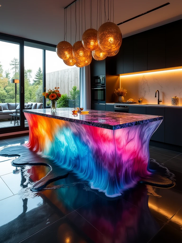 table with colorful wave under glass,kitchen,black floor,