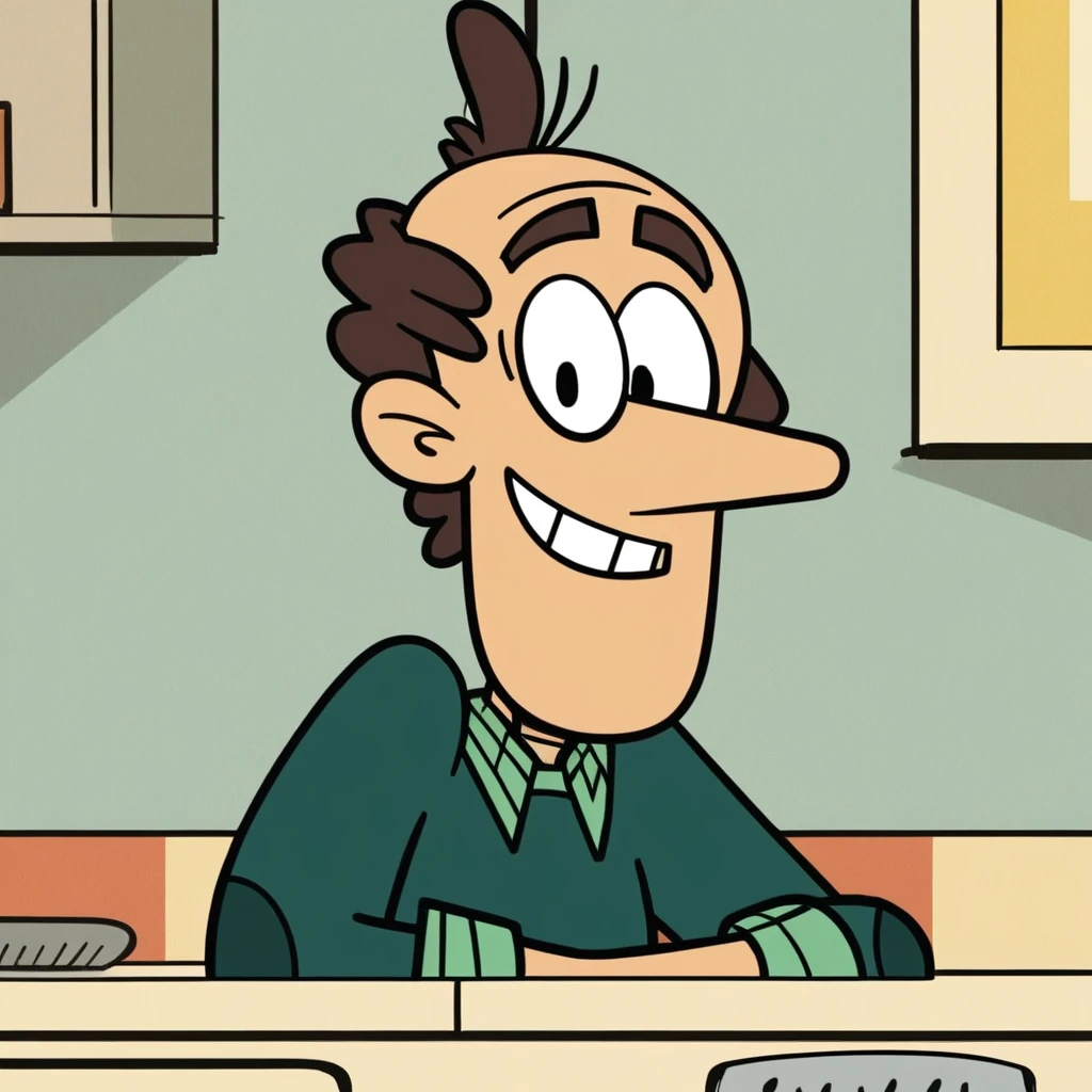 score_9_up, score_8_up, score_7_up, high quality, detailed, 1boy, source_cartoon, male, solo male, human, broad shoulders, mature male, long nose, black eyes, cartoon style, brown hair, receding hair, belly, bottom heavy, turquoise sweater, green collared shirt, bust shot, looking at viewer, smiling, kitchen background