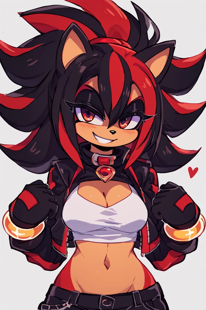 score_9, score_8_up, score_8, medium breasts, (curvy), cute, eyelashes,       BREAK, , ,,, zzShady, red eyes, multicolored hair, two-tone hair, streaked hair, black hair, red hair, animal ears, , long hair, furry, spiked hair,  black crop top, open jacket, black leather jacket, gold bracelet, black leather pants,   <lora:ShadowRule63_PDXL:0.8>,  ,,,, BREAK, smile, looking at viewer, cowboy shot, ,,, embedding:zPDXL, Expressiveh, ,,, <lora:Zankuro_Style_PDXL:0.8> <lora:SDXLFaeTastic2400:0.5>, <lora:Expressive_H-000001:0.4>,